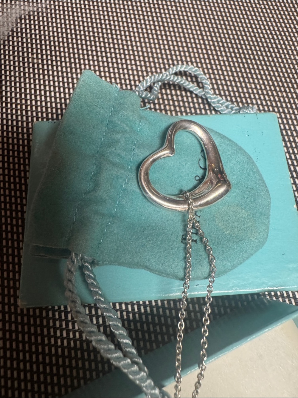 Tiffany & Co. Sterling Silver Open Heart Necklace with Robin's Egg Blue Pouch